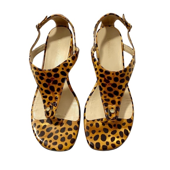 Taryn Rose Kat Low-Wedge Thong Sandals 8.5 Patent Leather Leopard Animal Print - Picture 2 of 15